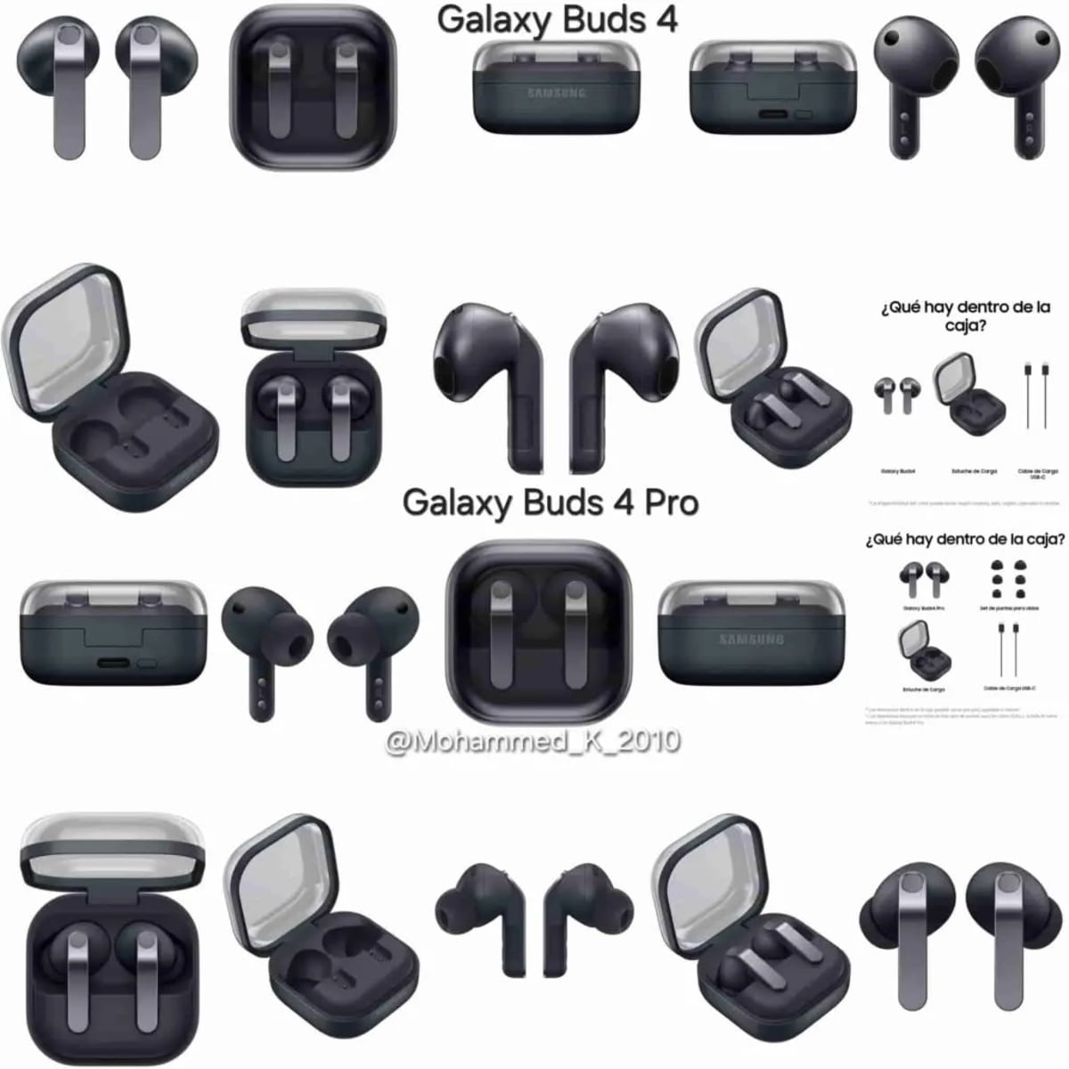 تصویر ترکیبی و افشاشده از Galaxy Buds 4 و Galaxy Buds 4 Pro که نمایی از ایربادها، کیس شارژ، رنگ‌بندی‌ها و محتویات داخل جعبه را نشان می‌دهد. چیدمان تصویر به‌صورت کلاژی است و طراحی به‌روزشده ایربادها، کیس مربعی با گوشه‌های گرد و نسخه Pro با تفاوت‌های ظاهری مشخص شده‌اند. این تصویر ماهیت معرفی/لیک پیش از رونمایی رسمی دارد.