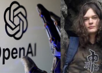 تصویر ترکیبی شامل لوگوی OpenAI در پس‌زمینه روشن و یک دست رباتیک فلزی در حال اشاره به آن؛ در بخش دیگر تصویر، فردی با لباس تیره و کوله‌پشتی در محیطی سنگی و طبیعی ایستاده که حس تقابل فناوری پیشرفته و دنیای واقعی را منتقل می‌کند