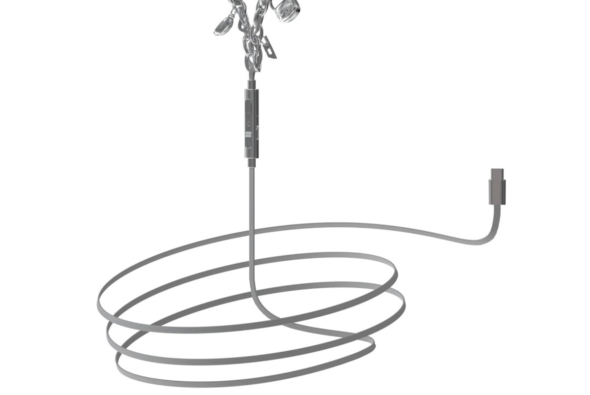 نمای کامل از کابل ایرفون سیمی Diesel با روکش طوسی، مجهز به کنترلر خطی و کانکتور USB‑C، که در بالای آن زنجیر فلزی متصل به ایربادها قرار دارد؛ طراحی مینیمال تصویر روی پس‌زمینه سفید، بر ترکیب مد، اکسسوری و فناوری صوتی تأکید دارد.