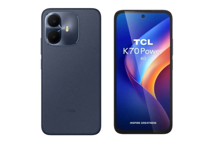 گوشی TCL K70 Power به رنگ خاکستری تیره با دو لنز دوربین بزرگ در یک ماژول دایره‌ای.