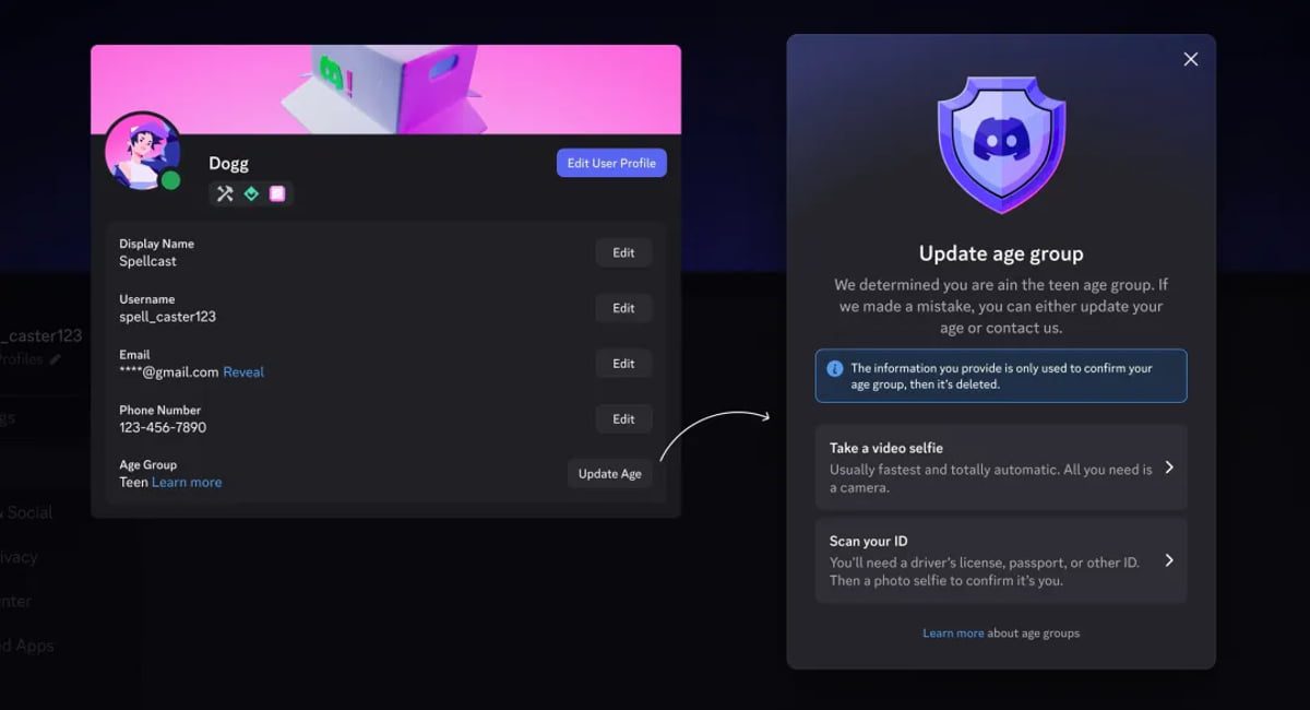 رندر از صفحه پروفایل کاربر در Discord و مرحله Update Age Group برای اصلاح گروه سنی، شامل گزینه‌هایی مانند ویرایش اطلاعات حساب، تأیید سن با ویدیو سلفی یا کارت هویت؛ طراحی بر زمینه‌ی تاریک با جزئیات گرافیکی مدرن.