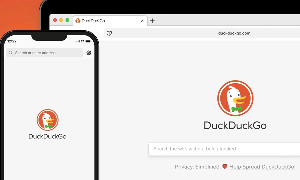 نمایش لوگو و کادر جستجوی DuckDuckGo در دو نسخه موبایل و مرورگر دسکتاپ.