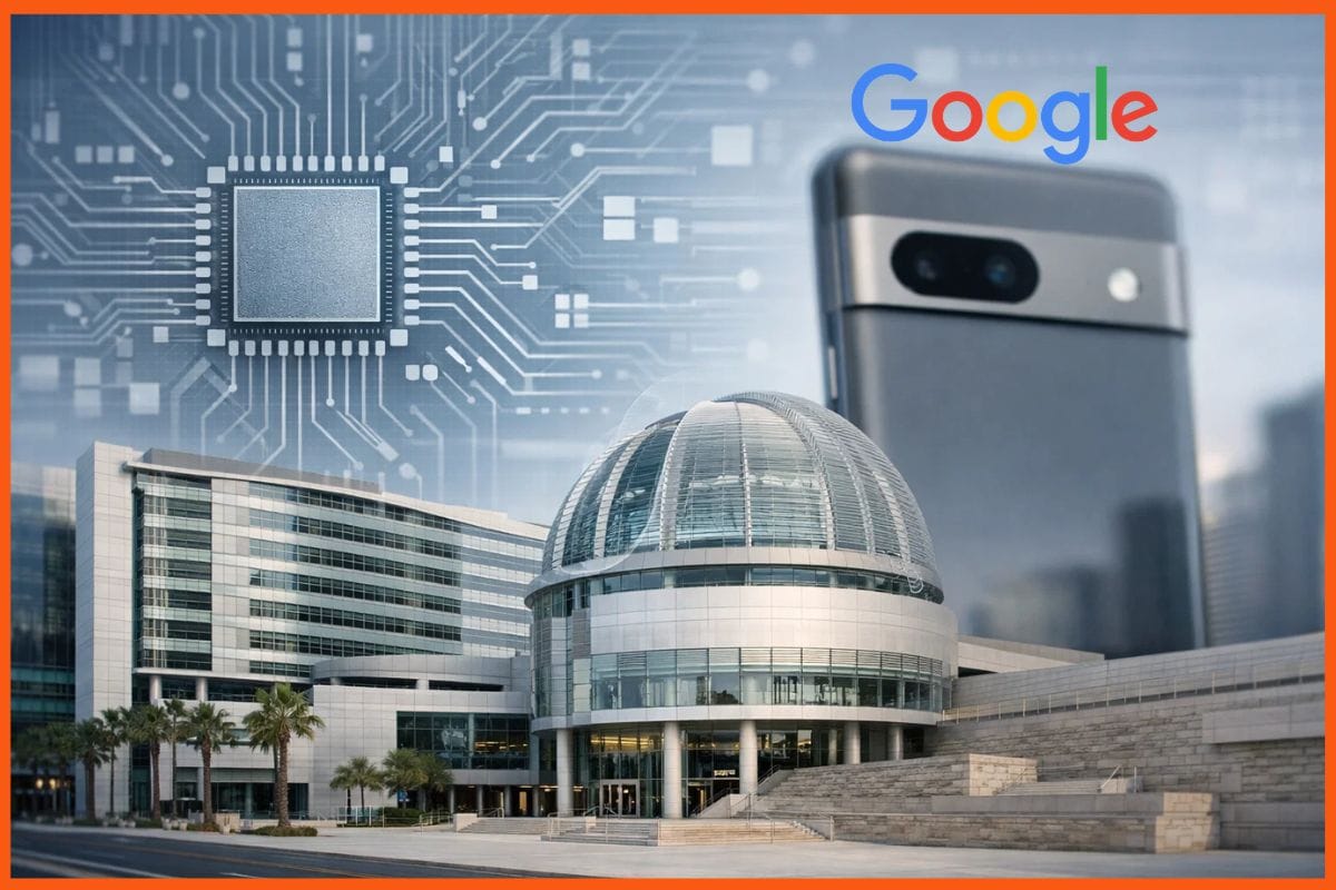 تصویر ترکیبی از ساختمان دادگاه، گوشی پیکسل و نمایه گرافیکی تراشه با لوگوی گوگل.