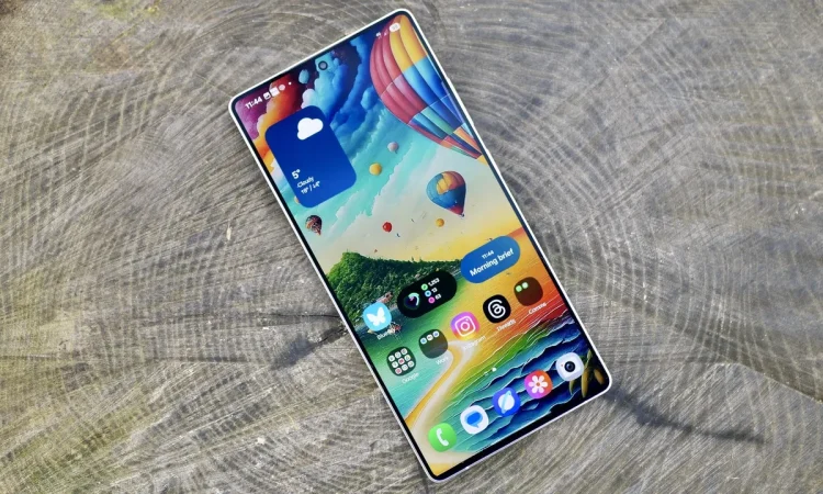 نمایی از گوشی Samsung Galaxy S25 Ultra با نمایشگر روشن و والپیپری رنگارنگ شامل بالن‌های هوای گرم و منظره طبیعی. رابط کاربری One UI با آیکن‌های اپلیکیشن، ویجت آب‌وهوا و کارت Morning Brief روی صفحه دیده می‌شود. طراحی باریک حاشیه‌ها و تمرکز تصویر بر کیفیت نمایشگر و تجربه بصری است.