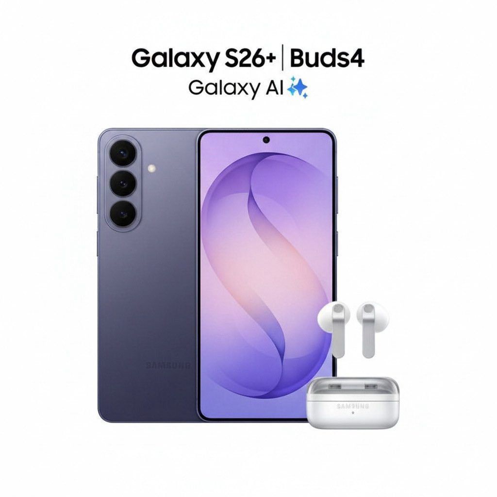 گلکسی+S26 همراه با هدفونهای گلکسی بادز ۴ و برندینگ Galaxy AI
