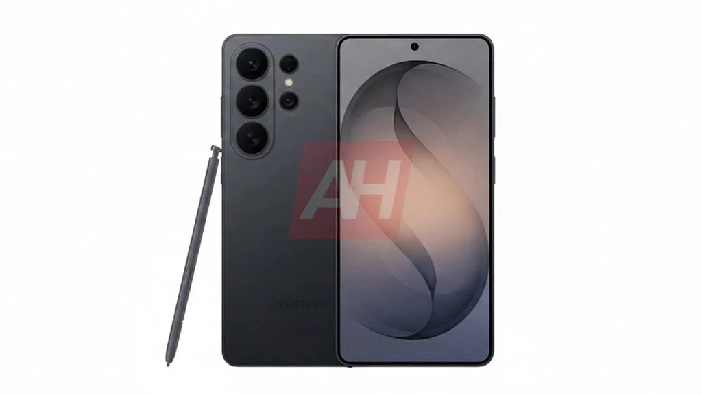 رندر گرافیکی سامسونگ گلکسی S26 Ultra به همراه قلم S Pen در رنگ خاکستری.