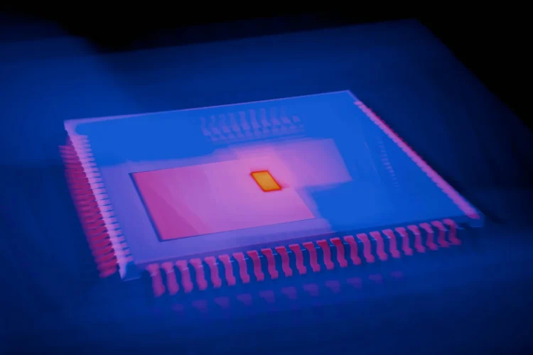 رندر گرافیکی از یک تراشه پردازشی پیشرفته که در مرکز تصویر قرار دارد و با نورهای آبی و بنفش درخشان احاطه شده است. ساختار مستطیلی تراشه، پین‌های اطراف و هسته‌ی مرکزی نورانی، مفهوم پردازش پرقدرت، هوش مصنوعی و محاسبات نسل جدید را القا می‌کند. پس‌زمینه تیره و افکت‌های نوری، حال‌وهوای آینده‌نگرانه و دیتاسنتری ایجاد کرده‌اند.