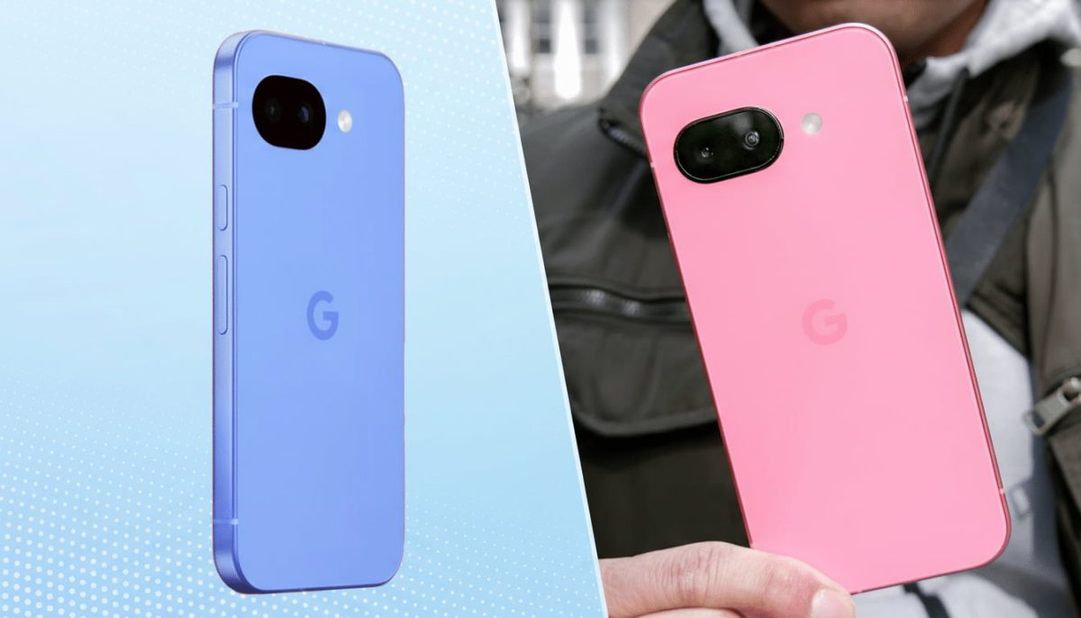 تصویر مقایسه‌ای از گوشی Google Pixel 8a در دو رنگ آبی و صورتی، با تمرکز بر نمای پشتی دستگاه، ماژول دوربین افقی شاخص سری Pixel و لوگوی Google؛ تصویر تفاوت رنگ‌بندی و طراحی بدنه این گوشی میان‌رده را نشان می‌دهد.