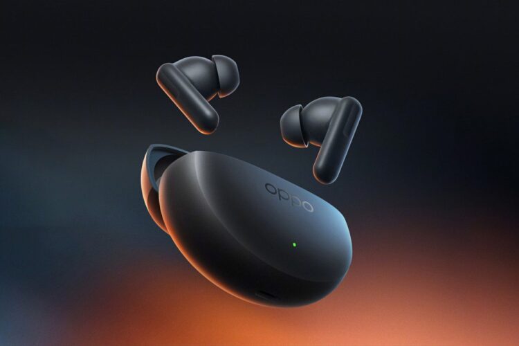 هدفون بیسیم OPPO با طراحی داخلگوشی و ساقهدار در کنار کیس شارژ مشکی؛ نمایش طراحی مینیمال، نور LED وضعیت و تمرکز بر کیفیت صدا و حذف نویز فعال