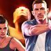 تصویر هنری و سینمایی با سبک گرافیکی بازیهای Grand Theft Auto که یک صحنه پرتنش اکشن را نمایش میدهد؛ دو شخصیت مسلح در پیشزمینه قرار دارند و در پسزمینه، نورپردازی دراماتیک با حالوهوای جنایی دیده میشود که به فضای داستانی و اکشن GTA VI اشاره دارد.