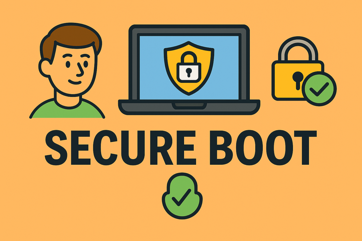 تصویر کارتونی یک فرد در کنار لپ‌تاپ و آیکون‌های امنیت با متن "SECURE BOOT".