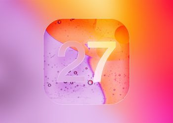 رندر مفهومی از آیکن iOS 27 با طراحی شیشهای و گوشههای گرد، عدد «27» در مرکز و پسزمینه گرادیانی با طیف رنگهای بنفش، صورتی و نارنجی که به زبان طراحی نسل بعدی سیستمعامل آیفون اشاره دارد.