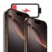 تصویر مفهومی از دو گوشی iPhone Pro با طراحی تخت و رنگ تیتانیومی، همراه با آیکن باتری کم‌شارژ در پس‌زمینه، که به موضوع مصرف انرژی و عملکرد باتری آیفون اشاره دارد و برای پوشش خبری یا تحلیلی درباره شارژدهی نسل‌های جدید آیفون استفاده می‌شود.