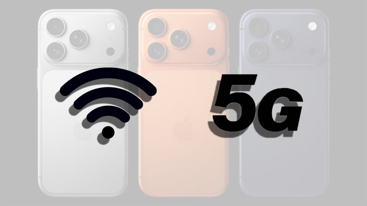«طرح گرافیکی شامل آیکون وایفای و متن 5G که روی تصویر محوی از سه گوشی آیفون قرار گرفته است.»