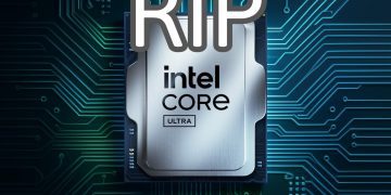 تصویر پردازنده Intel Core Ultra با متن بزرگ RIP به نشانه لغو تولید.