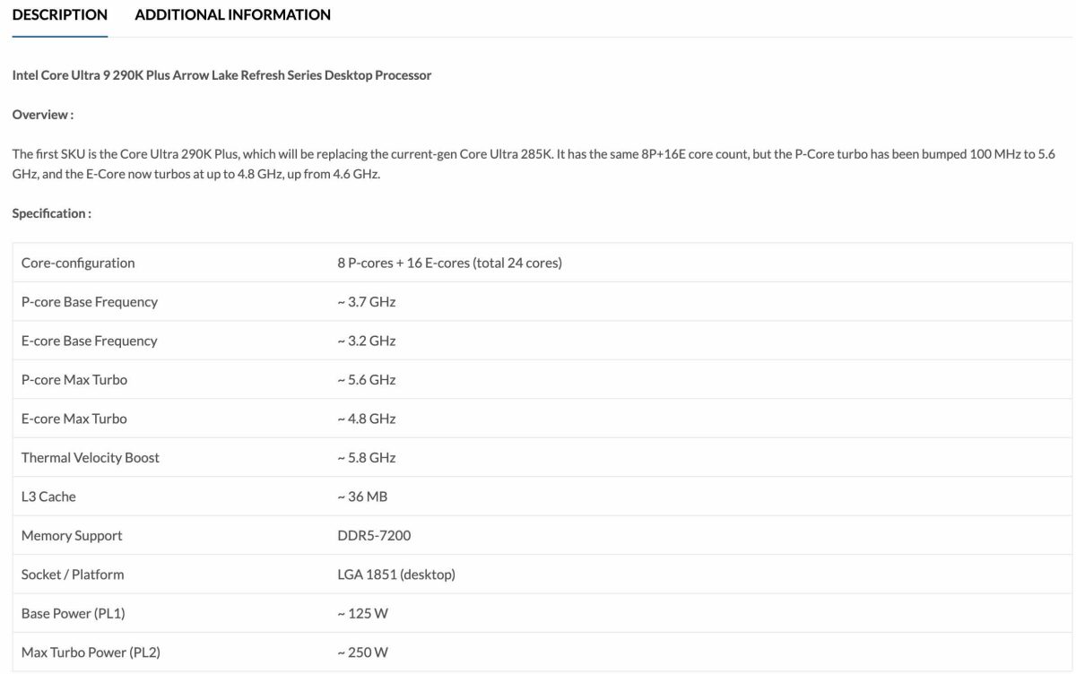 جدول مشخصات فنی لو رفته از پردازنده اینتل Core Ultra 9 290K Plus.