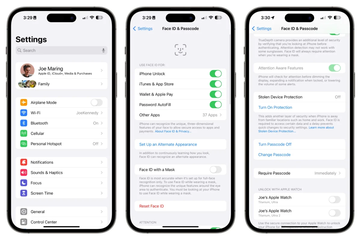 مجموعه اسکرین‌شات از تنظیمات iOS 17.3 که مسیر فعال‌سازی Stolen Device Protection را نمایش می‌دهد. تصاویر شامل صفحه Settings، بخش Face ID & Passcode و گزینه Turn On Protection هستند که نشان می‌دهد تغییرات امنیتی حساس تنها با احراز هویت و شرایط مکانی آشنا امکان‌پذیر است.