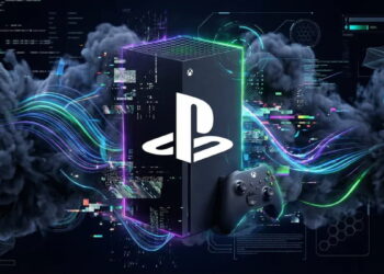 ترکیب گرافیکی مفهومی از رقابت کنسول‌های نسل جدید Xbox Series X و PlayStation؛ کنسول و کنترلر در میان جریان داده‌های دیجیتال، خطوط نئونی سبز و آبی و افکت‌های فناوری پیشرفته قرار گرفته‌اند.
