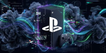 ترکیب گرافیکی مفهومی از رقابت کنسول‌های نسل جدید Xbox Series X و PlayStation؛ کنسول و کنترلر در میان جریان داده‌های دیجیتال، خطوط نئونی سبز و آبی و افکت‌های فناوری پیشرفته قرار گرفته‌اند.