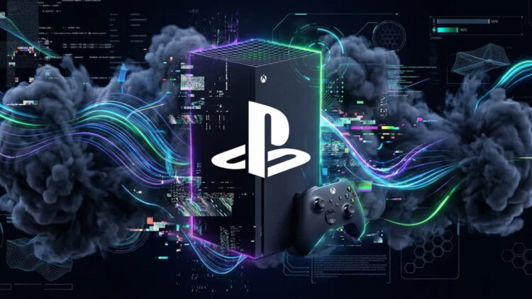 ترکیب گرافیکی مفهومی از رقابت کنسول‌های نسل جدید Xbox Series X و PlayStation؛ کنسول و کنترلر در میان جریان داده‌های دیجیتال، خطوط نئونی سبز و آبی و افکت‌های فناوری پیشرفته قرار گرفته‌اند.