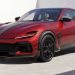 نمای سه‌رخ جلو Ferrari Purosangue با کیت نرم منصوری و قطعات فیبر کربنی مشکی