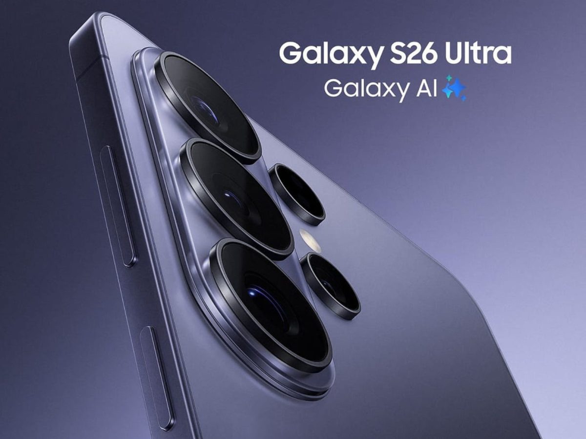 نمای نزدیک از پشت Galaxy S26 Ultra با تمرکز بر ماژول دوربین چندگانه برجسته و بدنه فلزی با رنگ تیره؛ در پسزمینه تصویر، عنوان «Galaxy S26 Ultra – Galaxy AI» دیده میشود که بر قابلیتهای هوش مصنوعی نسل جدید پرچمدار سامسونگ تأکید دارد.