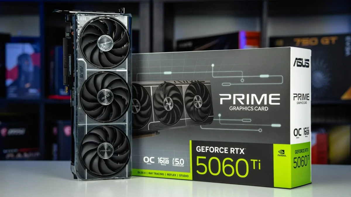 جعبه و خودِ کارت گرافیک ASUS Prime مدل GeForce RTX 5060 Ti با حافظه ۱۶ گیگابایتی.
