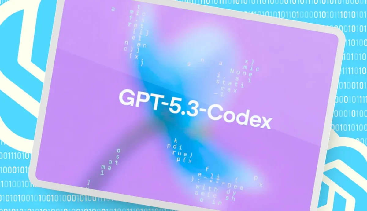 بنر تبلیغاتی GPT-5.3-Codex با المانهای گرافیکی کدنویسی و دیجیتال.