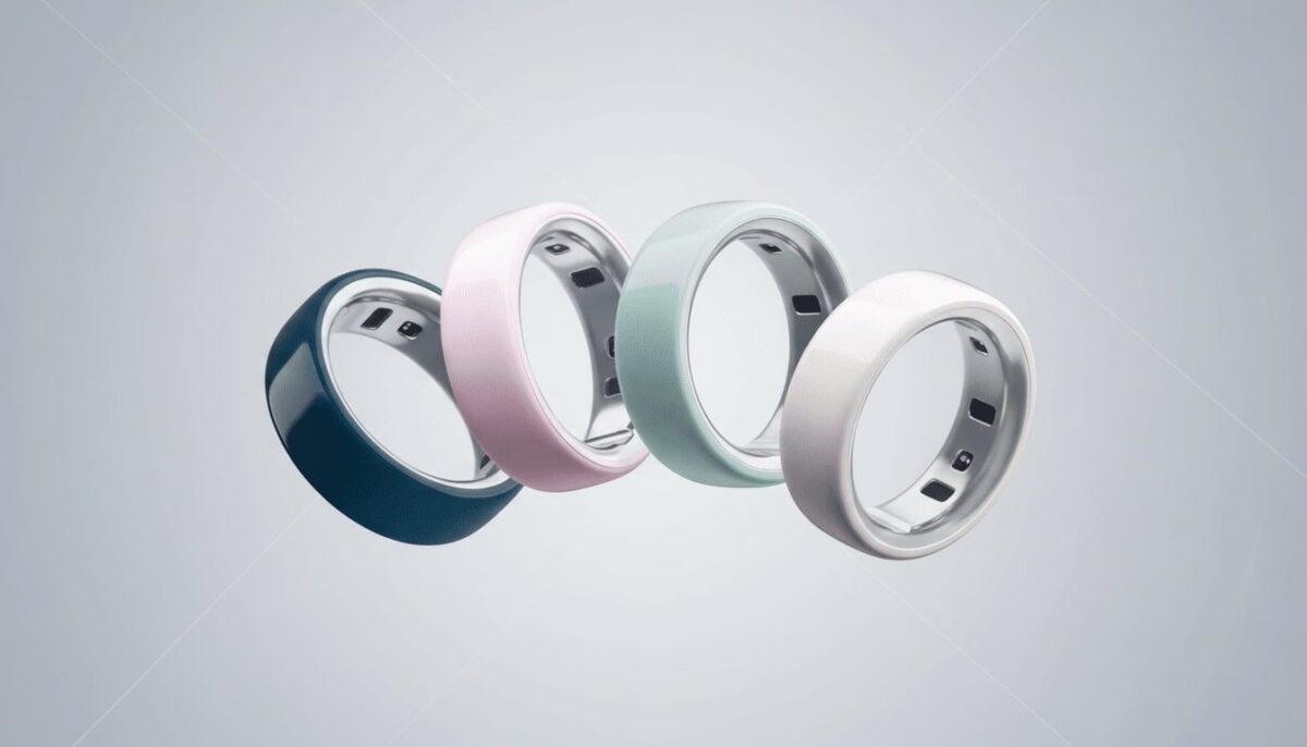 چند حلقه هوشمند Oura Ring در رنگ‌های مشکی، صورتی، سبز روشن و نقره‌ای معلق در پس‌زمینه مینیمال؛ نمایش طراحی باریک، سنسورهای داخلی و بدنه مات حلقه‌های پایش سلامت