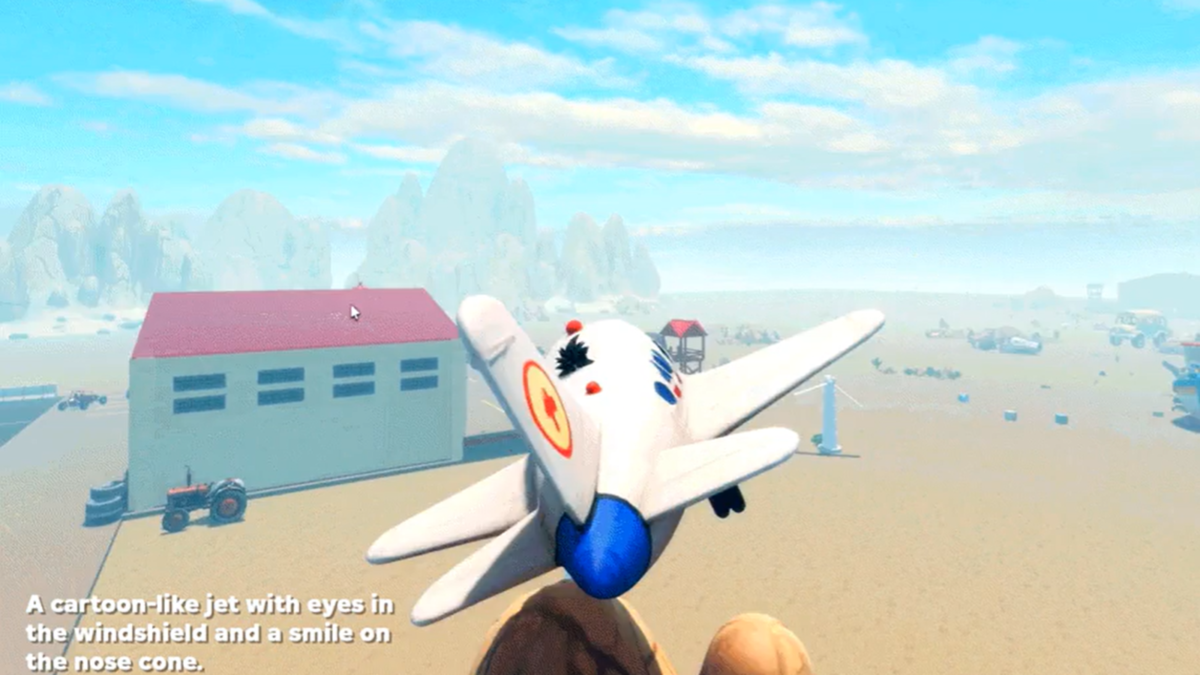 نمای پشت از یک جت کارتونی سفید در محیط بازی روبلاکس که در حال پرواز به سمت یک ساختمان با سقف قرمز است.