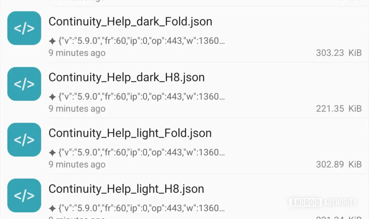 نمایی از لیست فایل‌های سیستم‌عامل با فرمت json مربوط به تنظیمات Continuity در One UI سامسونگ.
