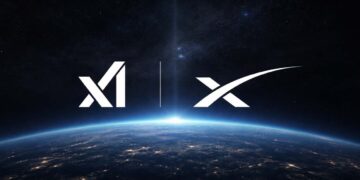 لوگوی xAI و اسپیسایکس بر فراز افق زمین در فضا که نمادی از ادغام دو شرکت