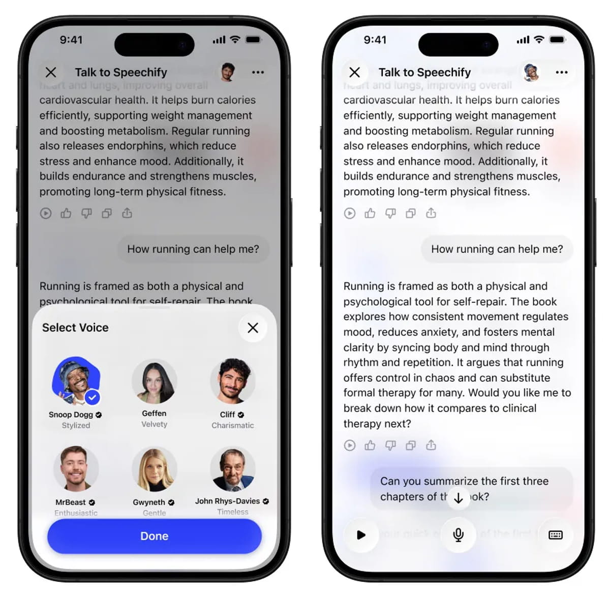 نمایی از رابط کاربری اپلیکیشن Speechify AI روی گوشی هوشمند که قابلیت «Talk to Speechify» را نشان می‌دهد. در بخش انتخاب صدا (Select Voice)، چند گزینه صوتی با استایل‌های متفاوت مانند Stylized، Velvety، Charismatic، Enthusiastic، Gentle و Timeless دیده می‌شود. تمرکز تصویر بر قابلیت انتخاب صدا و تعامل صوتی با دستیار هوش مصنوعی Speechify است.