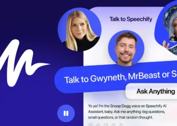 تصویر تبلیغاتی از Speechify AI با پس‌زمینه آبی که قابلیت «Talk to Speechify» را نمایش می‌دهد. رابط کاربری شامل گزینه «Ask Anything» و تعامل صوتی با دستیار هوش مصنوعی است و بر امکان مکالمه طبیعی، پرسش آزاد و استفاده از صداهای متنوع در Speechify تأکید دارد.
