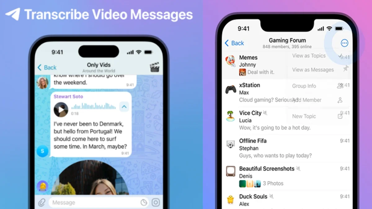 تصویر مفهومی از رابط کاربری اپلیکیشن Telegram که قابلیت Transcribe Video Messages را نمایش می‌دهد؛ دو گوشی هوشمند در کنار هم دیده می‌شوند که یکی صفحه چت با پیام ویدیویی و متن تبدیل‌شده را نشان می‌دهد و دیگری فهرست گفتگوها و گروه‌ها را نمایش می‌دهد، با پس‌زمینه گرادیانی بنفش و آبی در سبک طراحی مدرن.