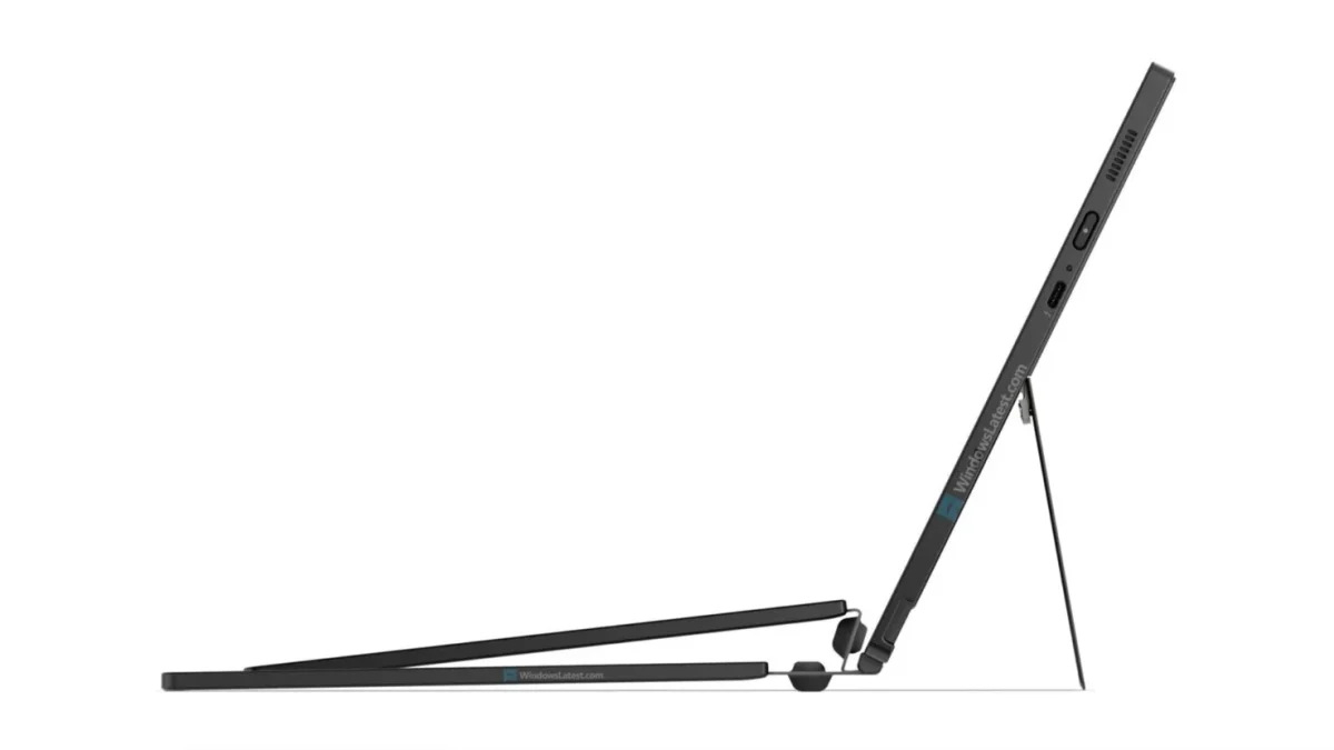 نمای جانبی ThinkPad X13 Detachable در حالت کیکاستند، با بدنه باریک، پایه پشتی فلزی، پورتهای جانبی و طراحی ماژولار مناسب استفاده تبلتی و دسکتاپ.