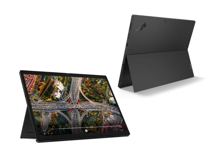 نمای ترکیبی از ThinkPad X13 Detachable در حالت تبلت و کیبورد متصل، نمایش صفحهنمایش با محتوای گرافیکی، بدنه مشکی مات و طراحی مینیمال مناسب کاربران تجاری.