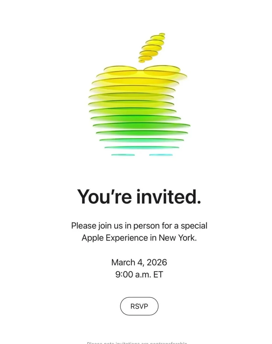 دعوت‌نامه رسمی اپل برای رویداد ۴ مارس ۲۰۲۶ در نیویورک با لوگوی لایه‌بندی شده.