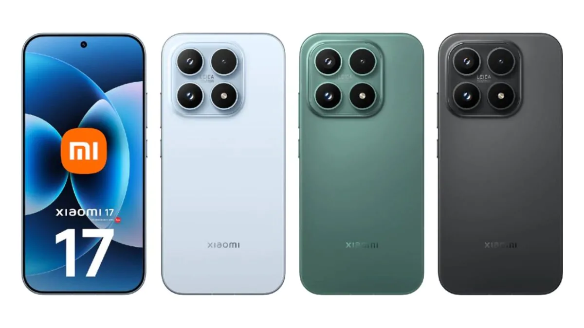تصویر رسمی از Xiaomi 17 که گوشی را در نمای جلو و چهار رنگ مختلف بدنه از پشت نمایش می‌دهد، با طراحی تخت، ماژول دوربین مربعی شامل چهار لنز و برند Leica.