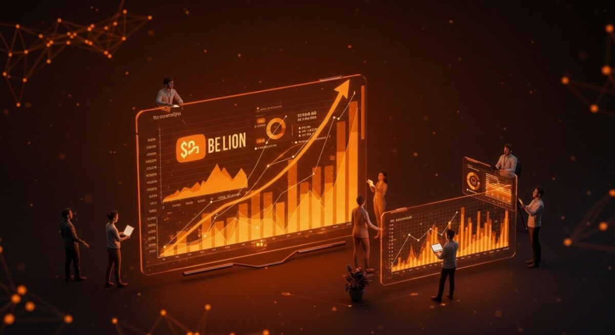 یک اینفوگرافیک سه‌بعدی از نمودارهای صعودی مالی و افرادی که با تبلت در حال بررسی داده‌های اقتصادی هستند.