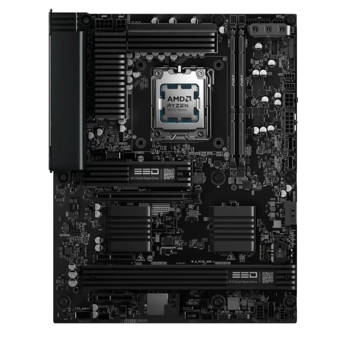 مادربرد کامپیوتر با پردازنده AMD Ryzen در مرکز سوکت، بههمراه اسلاتهای رم، هیتسینکهای مشکی و اسلاتهای M.2 SSD و PCIe
