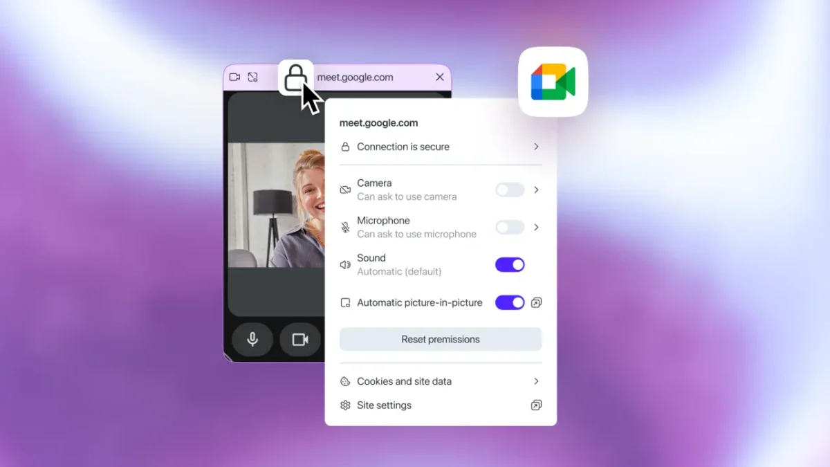 نمای تنظیمات دسترسی سایت در مرورگر اپرا برای meet.google.com شامل کنترلهای دوربین، میکروفون، صدا و قابلیت picture-in-picture هنگام تماس تصویری