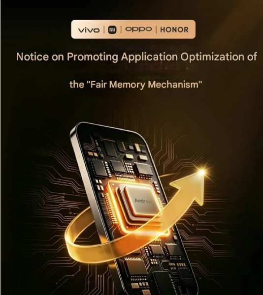 پوستر رسمی معرفی مکانیزم Fair Memory با لوگوهای Vivo، Xiaomi، Oppo و Honor به همراه تصویر یک گوشی با پردازنده درخشان Android و فلش روبهبالا برای بهینهسازی عملکرد و مدیریت حافظه