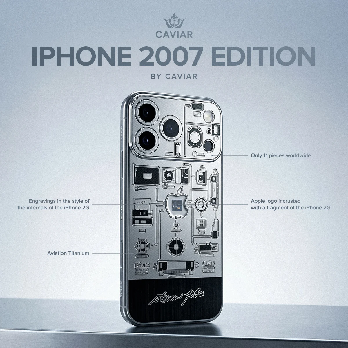 گوشی لوکس Caviar iPhone 2007 Edition با بدنه تیتانیومی و طراحی حکاکیشده الهامگرفته از قطعات داخلی آیفون 2G؛ نسخهای محدود با جزئیات مهندسی و لوگوی اپل در مرکز بدنه