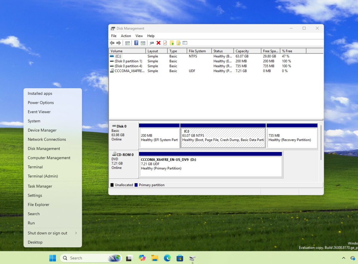 نمایی از ابزار Disk Management ویندوز 11 که پارتیشنهای Disk 0 شامل EFI System Partition، درایو C با ظرفیت 63.07 گیگابایت و یک Recovery Partition را نشان میدهد؛ منوی Quick Link ویندوز نیز در سمت چپ باز شده است