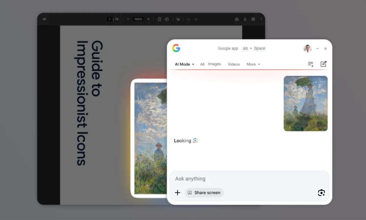 پنجره جستوجوی Google در حالت AI Mode که تصویری از یک نقاشی امپرسیونیستی شامل آسمان پرابر، چتر سبز و دو شخصیت روی تپه را تحلیل میکند؛ تصویر در پسزمینه در PDF با عنوان Guide to Impressionist Icons دیده میشود