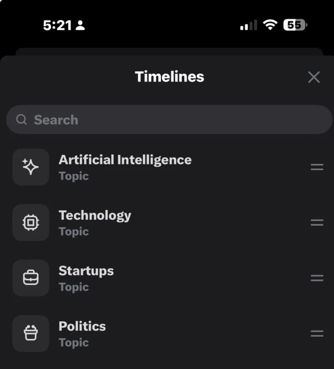 نمایی از بخش Timelines در اپلیکیشن X با فهرست موضوعاتی مانند Artificial Intelligence، Technology، Startups و Politics