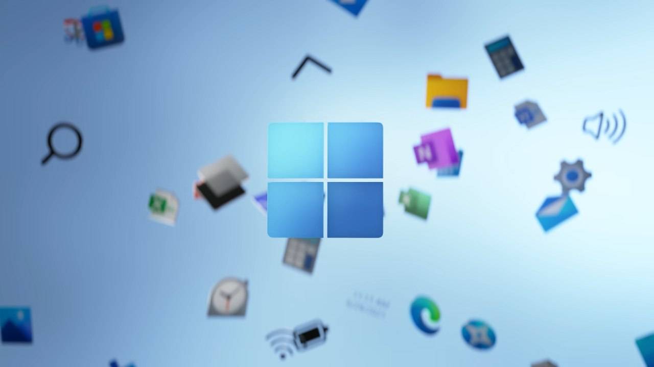لوگوی ویندوز در مرکز تصویر با آیکونهای مختلف برنامهها و ابزارهای سیستم مانند جستجو، تنظیمات، فایلها و مرورگر Edge که بهصورت شناور در پسزمینه آبی دیده میشوند؛ تصویری مفهومی از اکوسیستم و رابط کاربری سیستمعامل Microsoft Windows