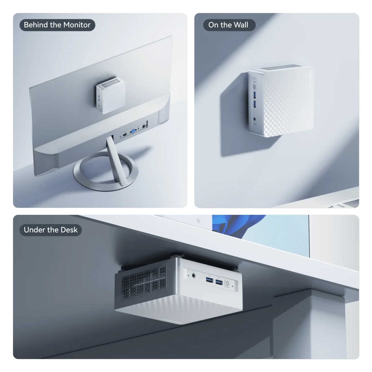 نمایش نحوه نصب مینی پی‌سی Elite M1 Lite پشت مانیتور، روی دیوار و زیر میز برای صرفه‌جویی در فضا