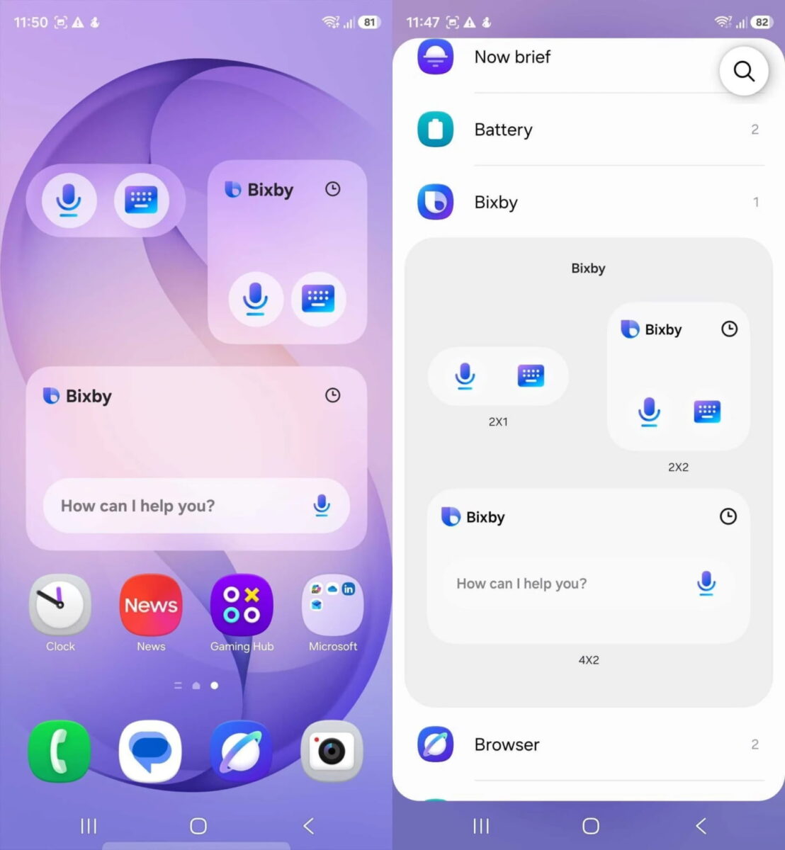 اسکرینشات صفحه هوم گوشی سامسونگ با پسزمینه بنفش و چند ویجت Bixby در اندازههای مختلف شامل آیکن میکروفون و صفحه ورودی جمله “How can I help you?”. در تصویر سمت راست، پنل انتخاب ویجت One UI نمایش داده میشود که اندازههای 2x1، 2x2 و 4x2 برای ویجت Bixby لیست شدهاند